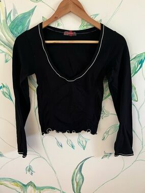 Vintage Prada Black Long Sleeve V-Neck Top with Contrast Trim - Women